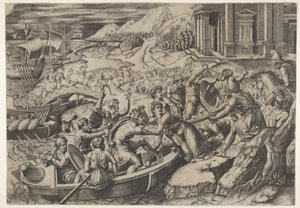 Únos Helen, bitevní scéna na břehu se dvěma muži táhnoucími Helenu do b..., ca. 1520-27. od Marcantonio Raimondi