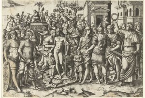 Triumfální průvod římského císaře s vojáky a uloupenými brněními od Marcantonio Raimondi