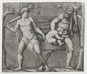 Dva fauni nesoucí dítě v košíku, c. 1513-1515. od Marcantonio Raimondi