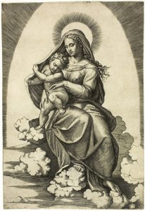 Panna a dítě sedí na oblacích od Marcantonio Raimondi