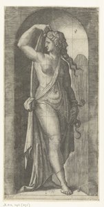 Žena jako zosobnění Prudentie s hadem a maskou Sedm ctností (název série) od Marcantonio Raimondi