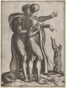 Dva nazí muži od Marcantonio Raimondi after Michelangelo