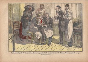 Pasteur, za pomoci doktora Granchera, poprvé naočkoval slavný virus malému alsaskému mistrovi, infikovanému vzteklinou., Le Pèlerin, 5.11.1922 (tisk) od Marcel Lecoultre
