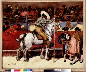 Picador a matador v aréně býčích zápasů. Obraz Marcela Leprina (1891-1931) Rozm. 50x61 cm Povinná zmínka: Kolekce fondation greets de Provence, Marseille