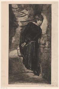 Žena oblečená v černém opřená o zeď Misère de misère (název na objektu) Dívka rozkoše (název seriálu) Fille de Joie (název série na objektu) od Marcel Roux (signed by artist)