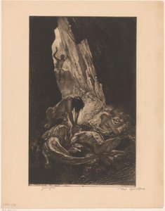 Interiér temné jeskyně s tvory požírajícími nahého muže Guet opice (název na předmětu) od Marcel Roux (signed by artist)