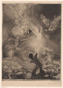 Plamen ve tvaru ženy, obklopený muži s křídly, která hoří a narážejí femme flamme Dívka rozkoše (název seriálu) Fille de Joie (název série na objektu) od Marcel Roux (signed by artist)