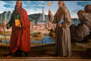 Sv. František přijímající stigmata mezi svatou Klárou a Petrem, blahoslaveným Bartolomějem z Breganze a sv. Pavlem a Bernardinem, detail