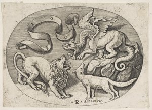 Lev, drak a liška bojující proti sobě, nahoře vepsaný banderole, oválný c..., ca. 1515-27. od Marco Dente