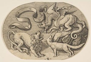 Lev, drak a liška bojující proti sobě, nahoře vepsaný banderole, oválný c..., ca. 1515-27.