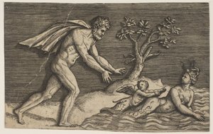 Nahý muž vrhající naiadu a cupida do vody, ca. 1515-27.