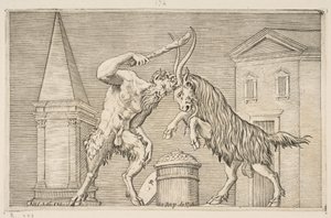 Satyr a beran na sebe útočí, satyr třímá kyjem pravou rukou..., ca. 1515-27. od Marco Dente