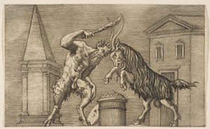 Satyr a beran na sebe útočí, satyr třímá kyjem pravou rukou..., ca. 1515-27.
