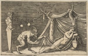 Satyr objevující spící ženu, dva krabi visící na laně, které je navlečeno..., ca. 1515-27.