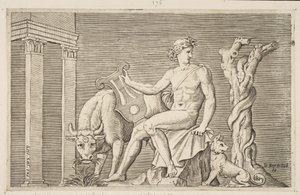 Apollo se staral o stáda Admetus, Apollo seděl, držel lyru a lemoval ho..., ca. 1515-27. od Marco Dente