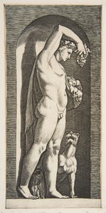 Bakchus stojící ve výklenku drží hrozny ve zvednuté pravici, ovoce v l..., ca. 1515-27. od Marco Dente