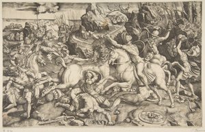 Bitevní scéna v krajině s vojáky na koních a několika padlými muži, další..., ca. 1520. od Marco Dente