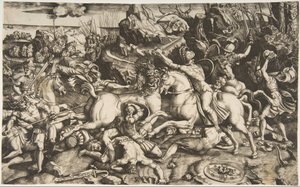 Bitevní scéna v krajině s vojáky na koních a několika padlými muži, další..., ca. 1520. od Marco Dente