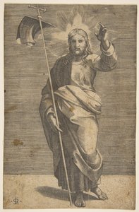 Kristus stojí čelem vpřed, drží kříž s praporem a zvedá levou ..., ca. 1515-27. od Marco Dente