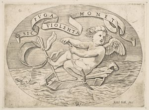 Eros Unikající po moři, Amor pomocí své přídě poháněl člun vyrobený z jeho toulce..., ca. 1515-27. od Marco Dente