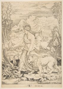 Odvaha v pohledu z profilu kráčí směrem k ohni vlevo a vede zapřaženého lio..., ca. 1515-27. od Marco Dente