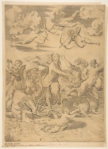 Galatea jedoucí ve skořápce tažené vodou delfíny, amor dole a f..., ca. 1515-27. od Marco Dente