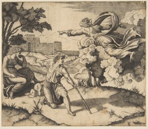 Bůh se zjevuje Izákovi, Bůh plující v oblacích mířící k Rebece sedící pod..., ca. 1515-27. od Marco Dente