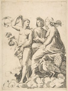 Juno, Ceres a Psyche v oblacích konverzují, Juno sedí s pávem u ní..., ca. 1515-27. od Marco Dente