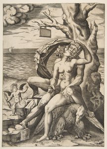 Jupiter a Semele se objímají, pod nimi orel, vpravo strom s prázdným t..., ca. 1515-27.