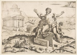 Laocoön a jeho dva synové byli napadeni hady na podstavci, chrám Mi..., ca. 1515-27. od Marco Dente