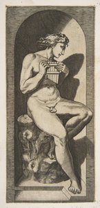 Olympus nahý sedící na pařezu držící trubky, zasazený do výklenku, ca. 1515-27. od Marco Dente