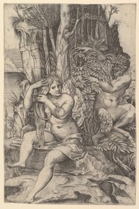 Pan špehuje nymfu Syrinx, která sedí na skále a češe si vlasy, ca. 1516-20. od Marco Dente