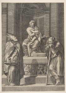 Svatý Josef vlevo a biskup vpravo stojící před oltářem Panny Marie ..., ca. 1515-27. od Marco Dente