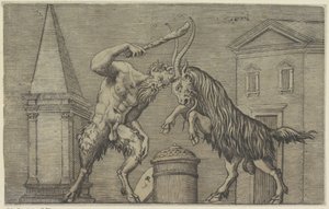 Satyr a beran v bitvě Starožitné reliéfy (název série) od Marco Dente