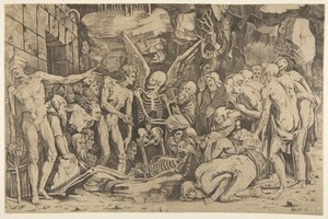 Kostlivci, skupina vyhublých mužů a žen shromážděných kolem kostry položené na..., 1515-27.
