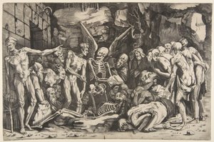 Kostlivci, skupina vyhublých mužů a žen shromážděných kolem kostry položené na..., 1515-27.