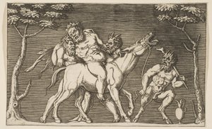 Dva satyrové umisťující Silena na řvoucího mezka a třetí satyr vpravo, ca. 1515-27.