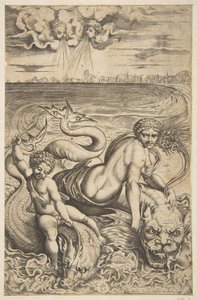 Venuše a Cupid jedoucí na dvou mořských příšerách, Amor zvedá šíp v pravé ruce, t..., ca. 1515-27. od Marco Dente