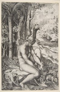 Venuše si sundala trn z levé nohy, když seděla na látce vedle stromů, ..., ca. 1515-27. od Marco Dente