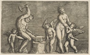 Vulcan seděl a bušil na kovadlině lemované Venuší a třemi amorky, ca. 1515-27. od Marco Dente