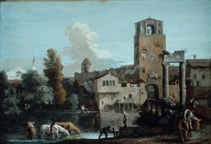 Capriccio s koňmi napájejícími se v řece mimo opevněné město od Marco Ricci
