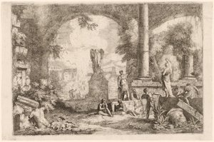 Capriccio antických ruin s muži hledícími na klasického řečníka od Marco Ricci
