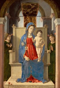 Panna s lilií (s dítětem Ježíšem na trůnu, obklopena dvěma anděly) - Panna s lilií, od Zoppo, Marco (1433-1478). Tempera a olej na dřevě