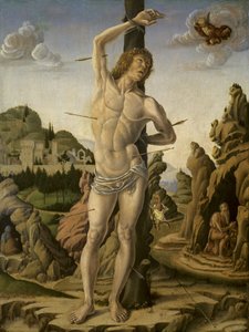 Svatý Sebastián ve skalnaté krajině se svatými Jeromem, Anthonym Abbotem a Christopherem, kolem 1475-78