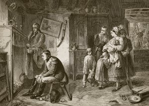 Napoleon hledá odpočinek v chatě u silnice po porážce u Waterloo, kterou vyryl J.D. Cooper od Marcus Stone