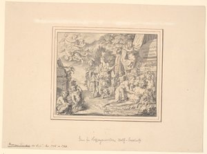 Alegorický list s utopeným Silénem a dalšími mytologickými a alegorickými postavami u sarkofágu s nápisem: „Sepulcrum pudicitiae mortae“ od Marcus Tuscher