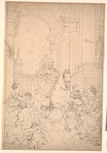 Návrh obrazu: Dánsko a Norsko vzdávají hold Chr. VI (spáleno s Christiansborg 1794)