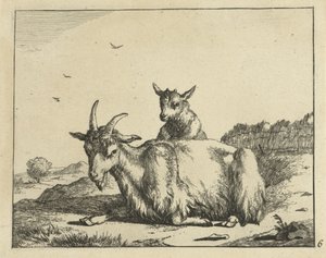 Ležící koza s jehněčím Goats and Bucks (název série)
