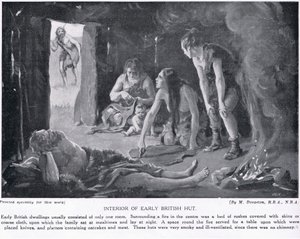 Interiér rané britské chaty, ilustrace z "Hutchinson