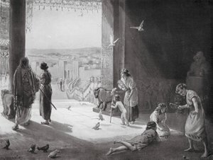 Sangar z Karchemiše přijímající Aššur-nasir-pal III (litografie) od Margaret (after) Dovaston